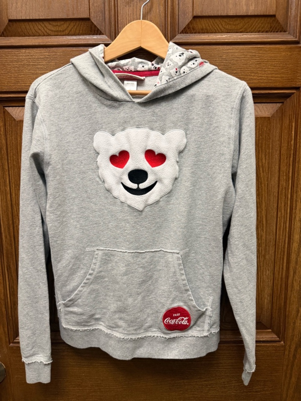 Coca Cola Light Gray Teens Hoodie with Red Heart-Eye Bear